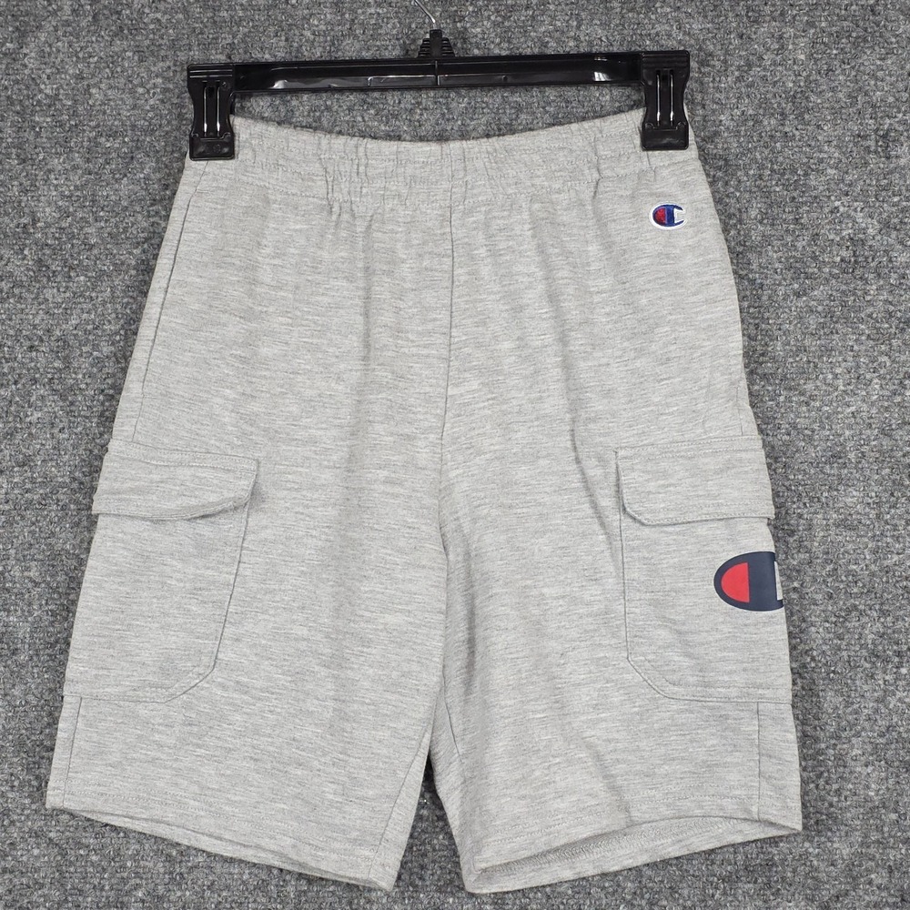 Champion YOUTH Boys M Gray Sweat Gym Shorts Front Cargo Pockets Logo